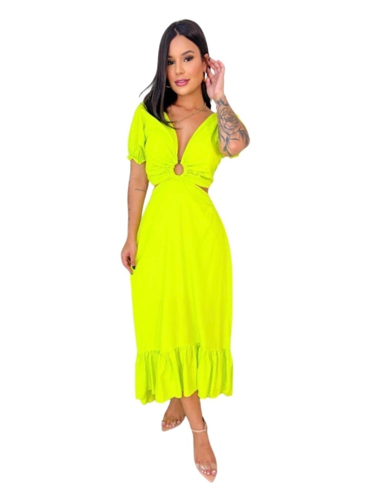 Vestido Midi Viscose Abertura Argola Amarelo Verde Lima