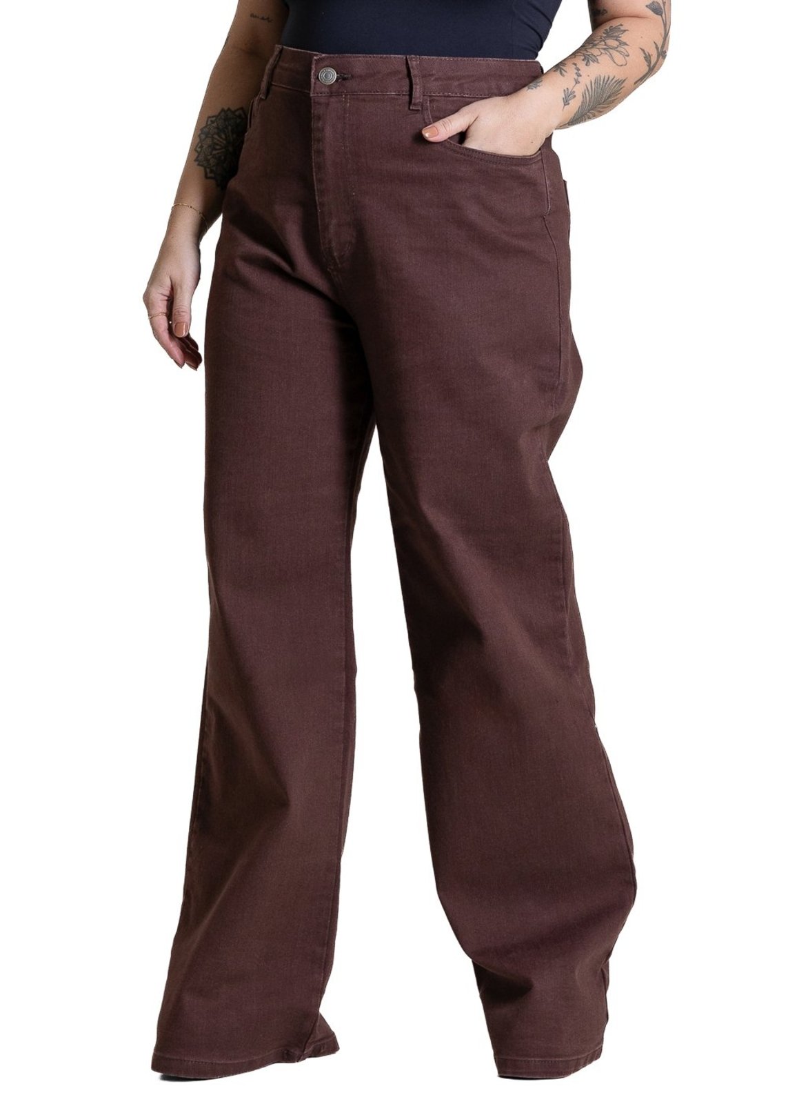 Calça Jeans Sawary Plus Size Wide Leg - 284236 - Marrom - Sawary