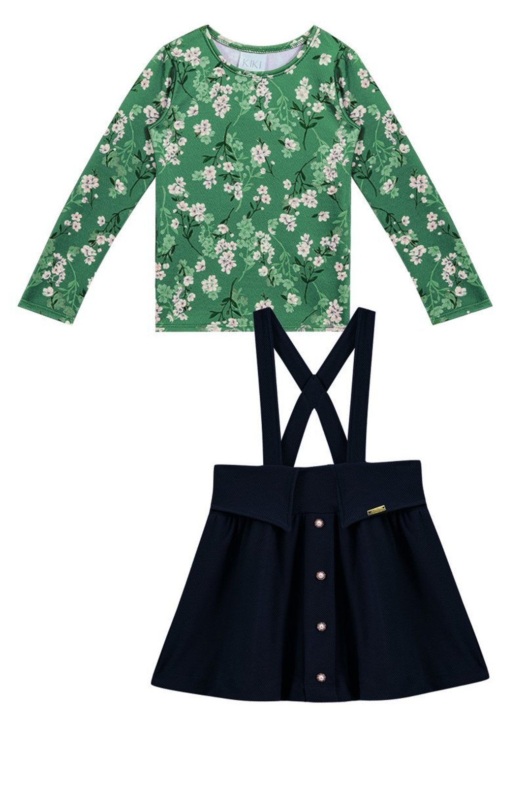 Infantil - Conjunto Preto Salopete em Malha Texturizada e Blusa Estampada
