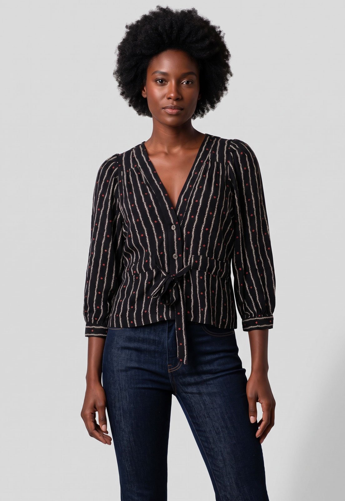 Blusa Feminina Cantão Estampada Detalhe de Amarração Preta