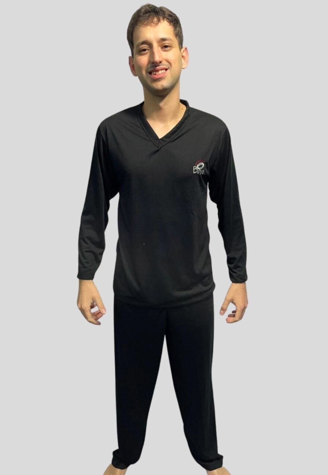Pijama Masculino WLS Modas Liso Longo Calça e Blusa Manga Longa Gola V Comfort Preto
