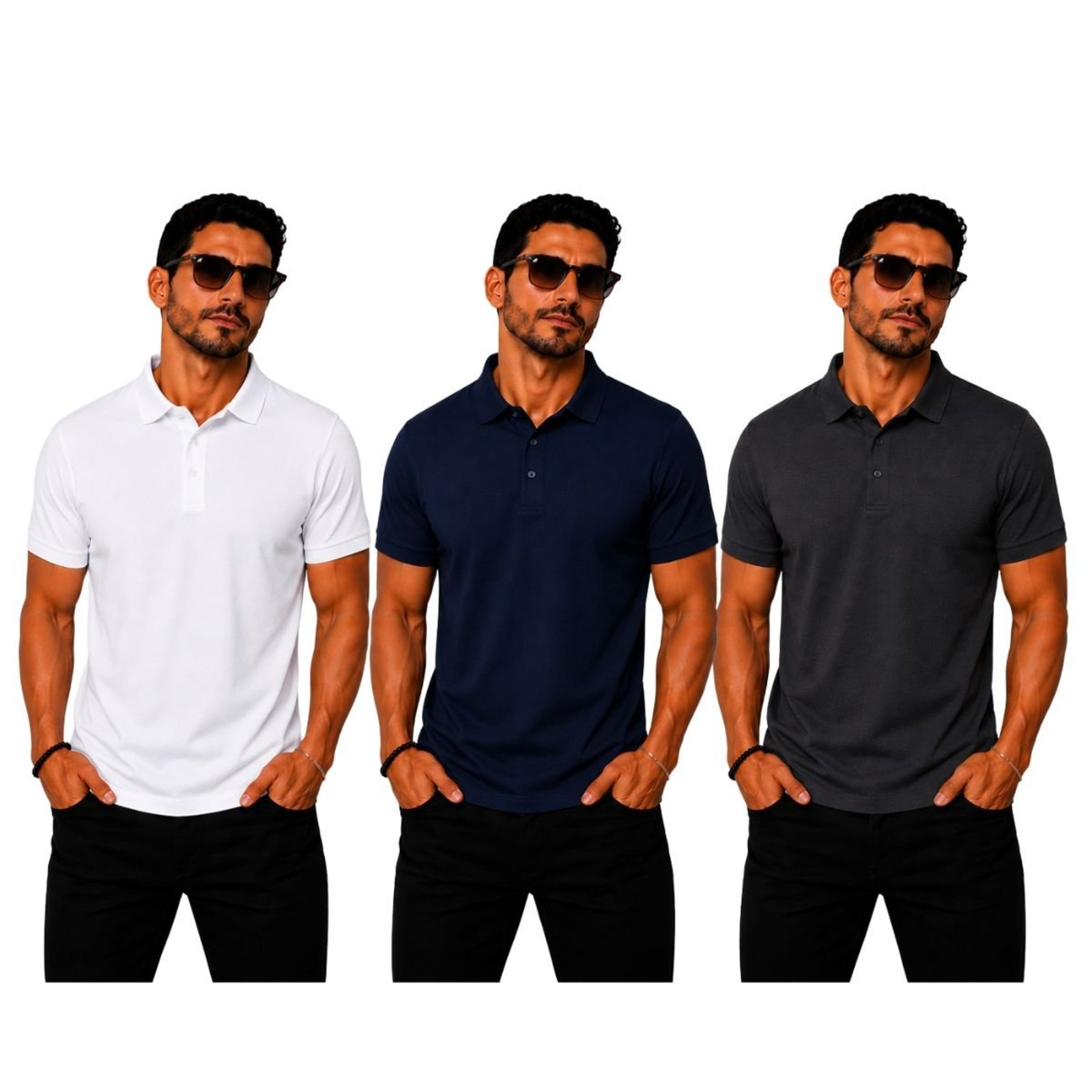 Kit 3 Camisas Polo Poliamida Masculina Básica Premium Multicolorido