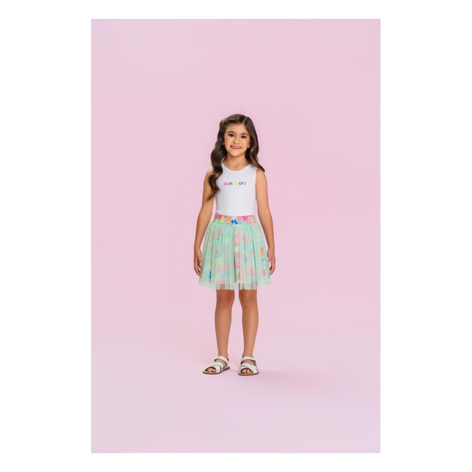 Infantil - Conjunto Feminino Regata Shorts Saia Tule Mon Sucré Branco Verde 1 Verde