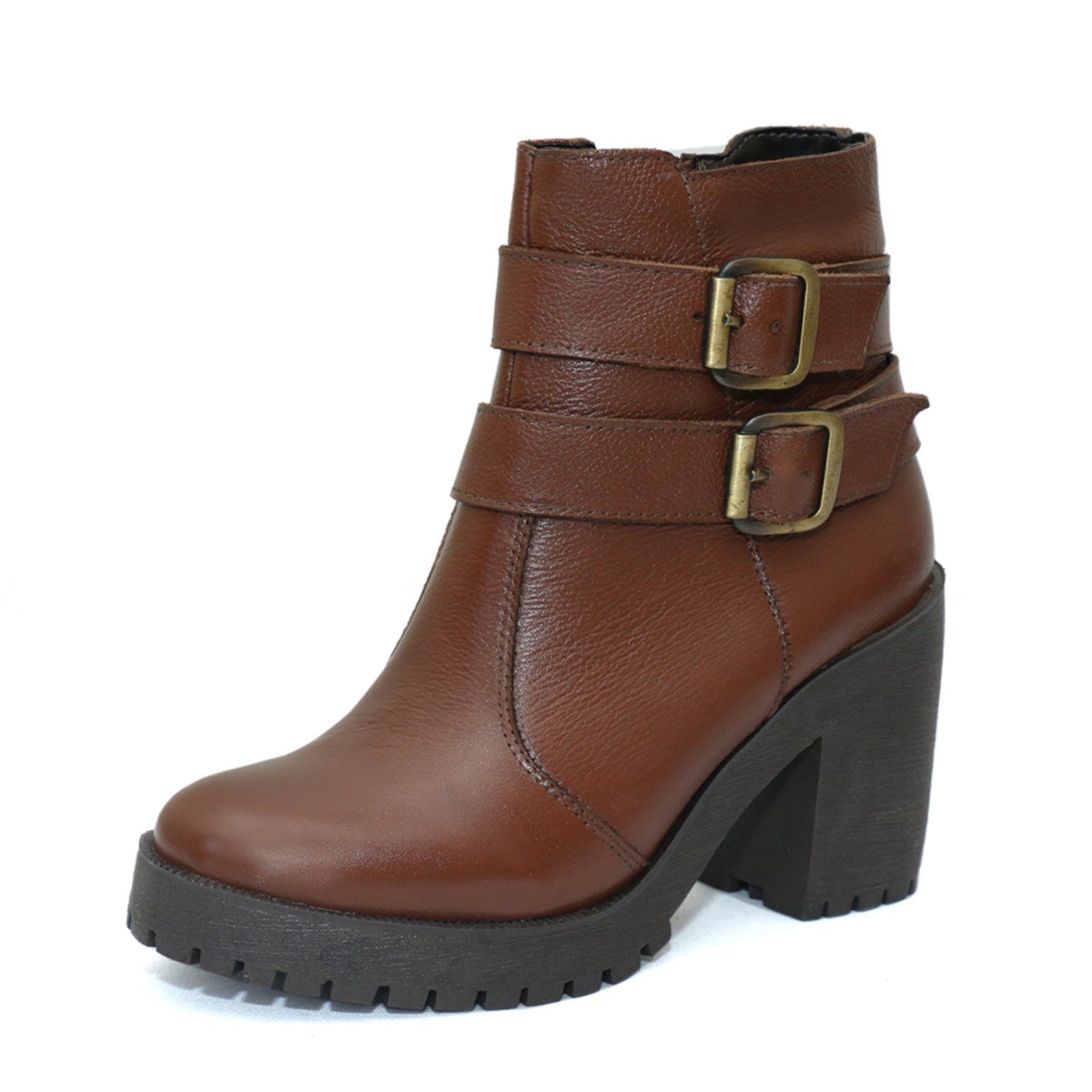 Bota Coturno Feminino Tratorado Couro Conhaque Kuento Shoes