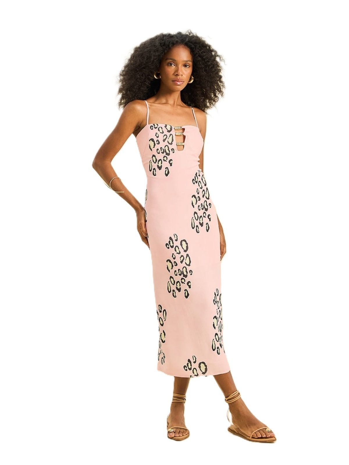 Vestido Midi Open Rosa com Estampa Animal Print
