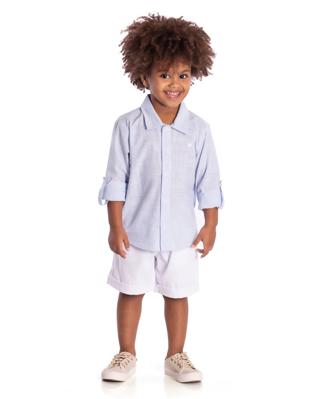 Infantil - Conj. camisa flamê azul claro + bermuda branca