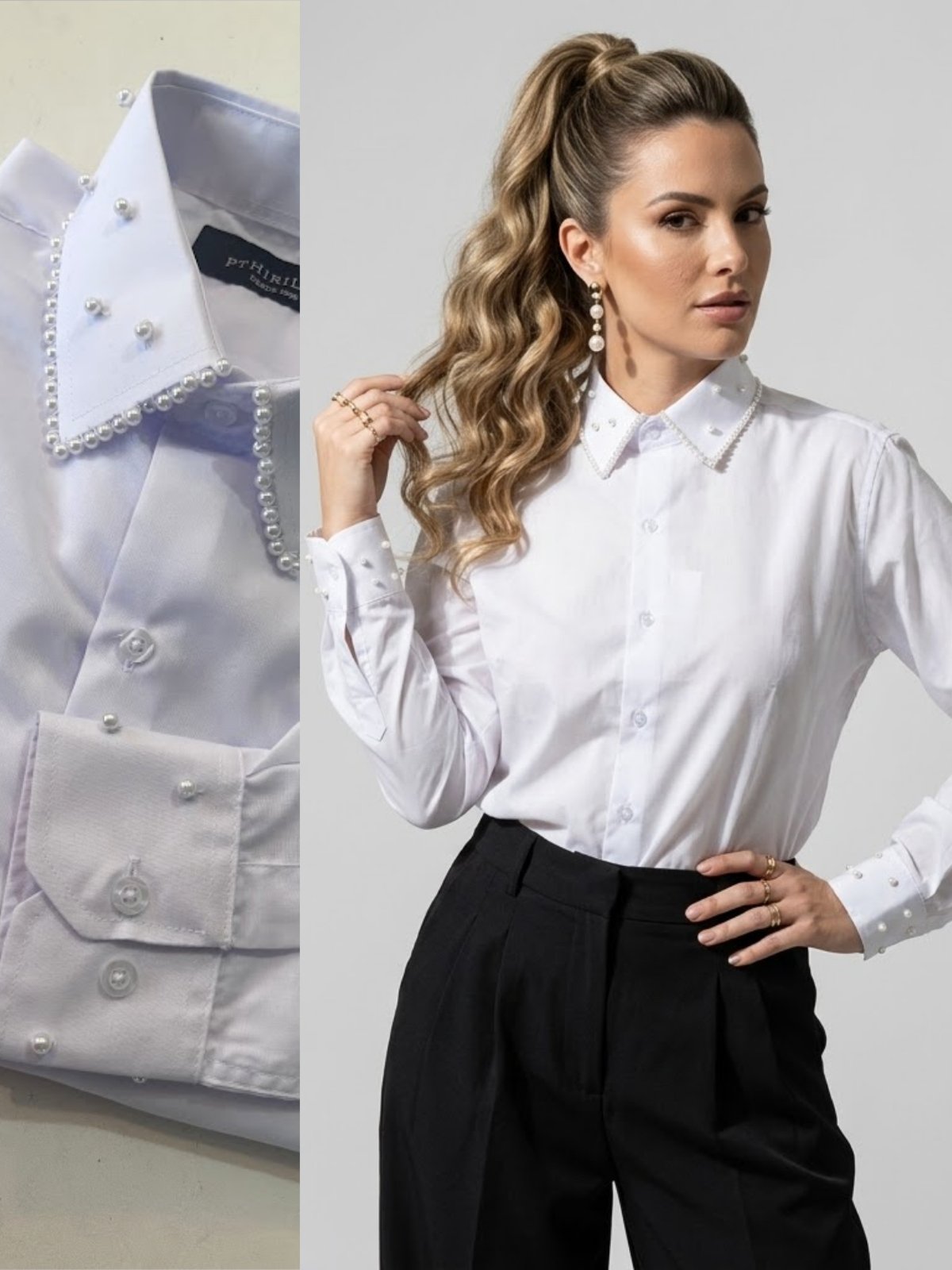 Camisa Social Branco Feminina com Pérolas no Gola e Punhos Premium | Blusa de Luxo Manga Longa Elegante