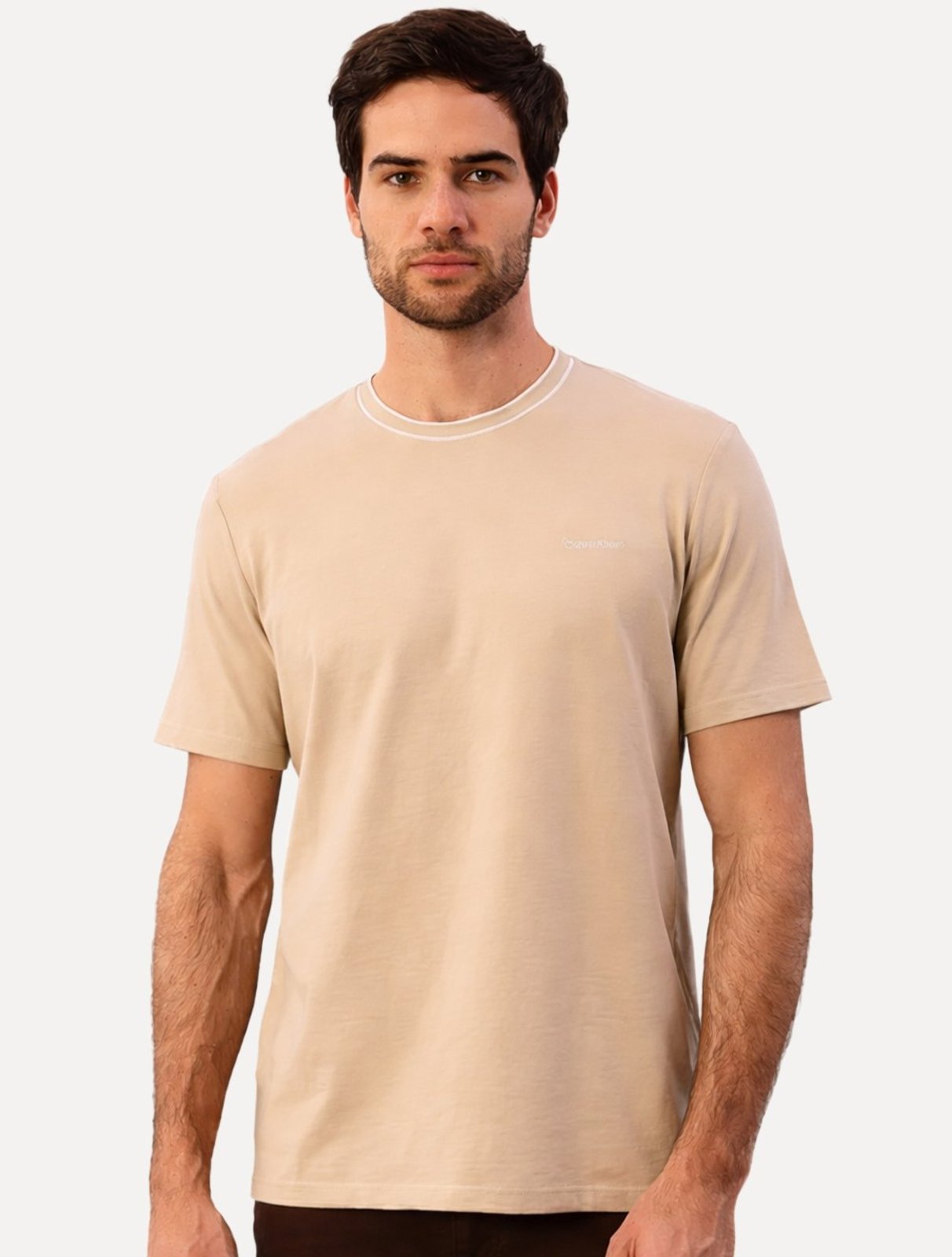 Camiseta Calvin Klein Masculina Gola Alta Friso Logo Bordado Cáqui Claro