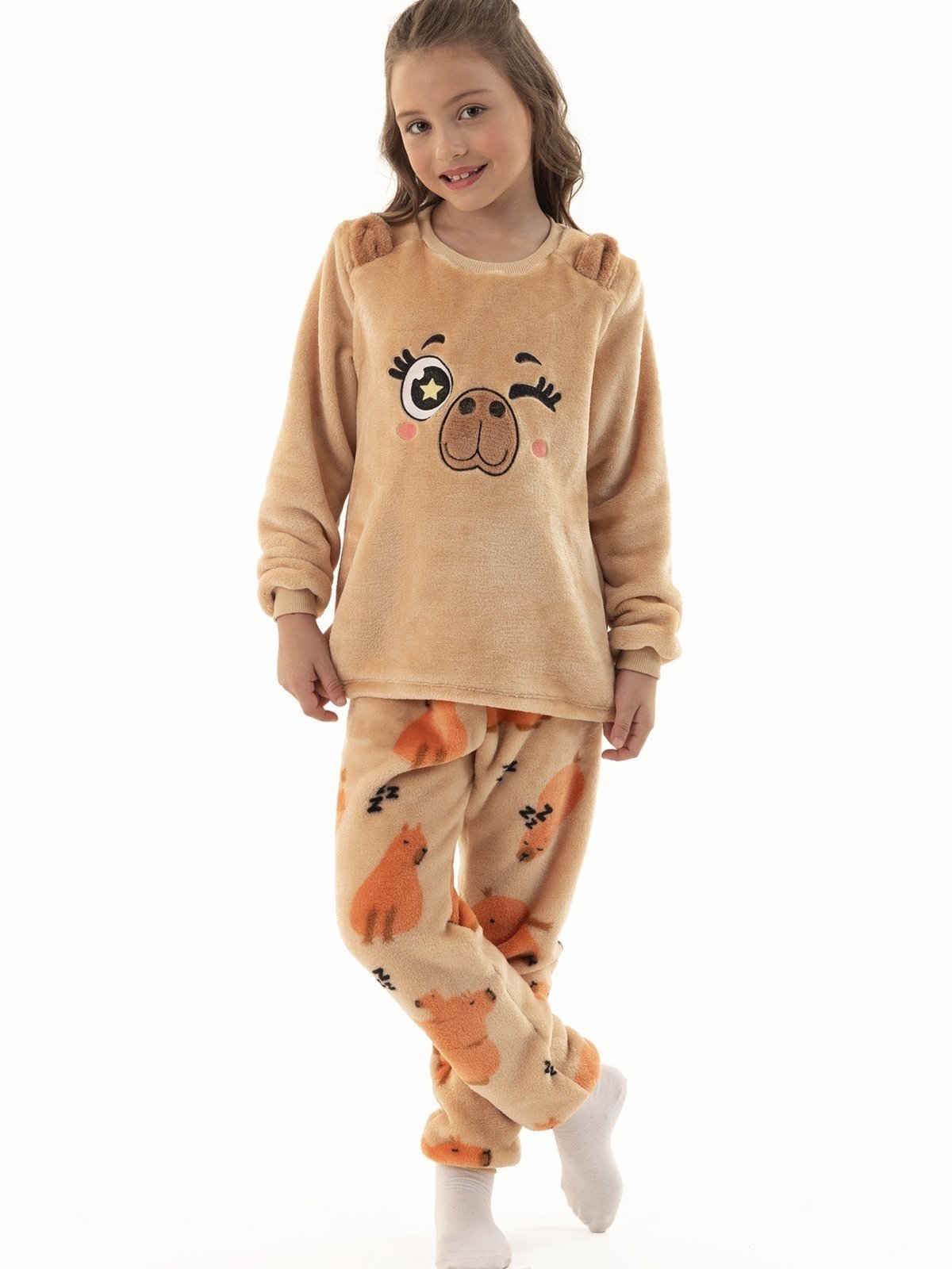 Pijama de Inverno Menina em Soft Fleece Peluciado Quentinho Capivaras Bege