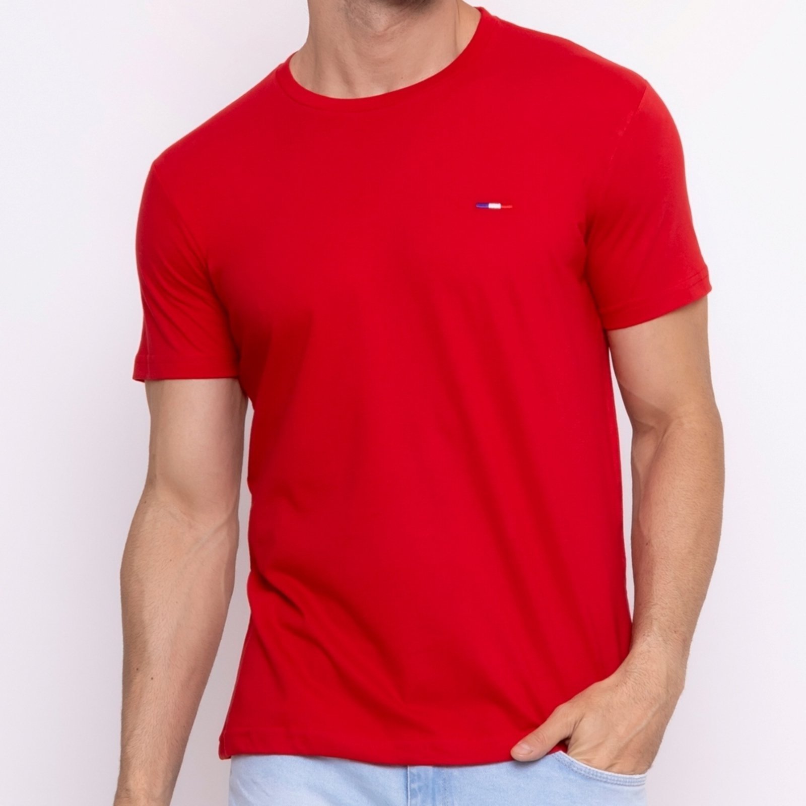 Vista 3 Kit 3 Peças Camisetas Vih Triny Básicas Masculina em Algodão Premium no Estilo Tommy Bordado França Vermelha vermelho Vih Triny vermelho