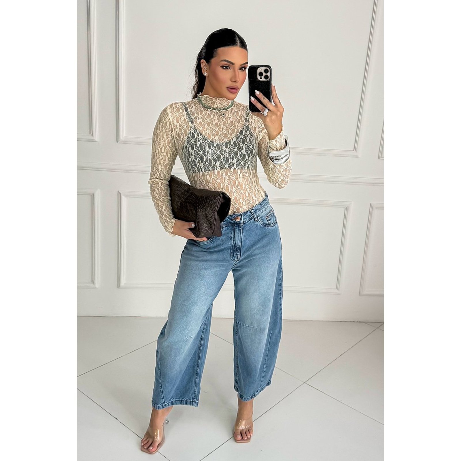 Calça Jeans Feminina Barrel Cintura Alta Pantalona Balloon