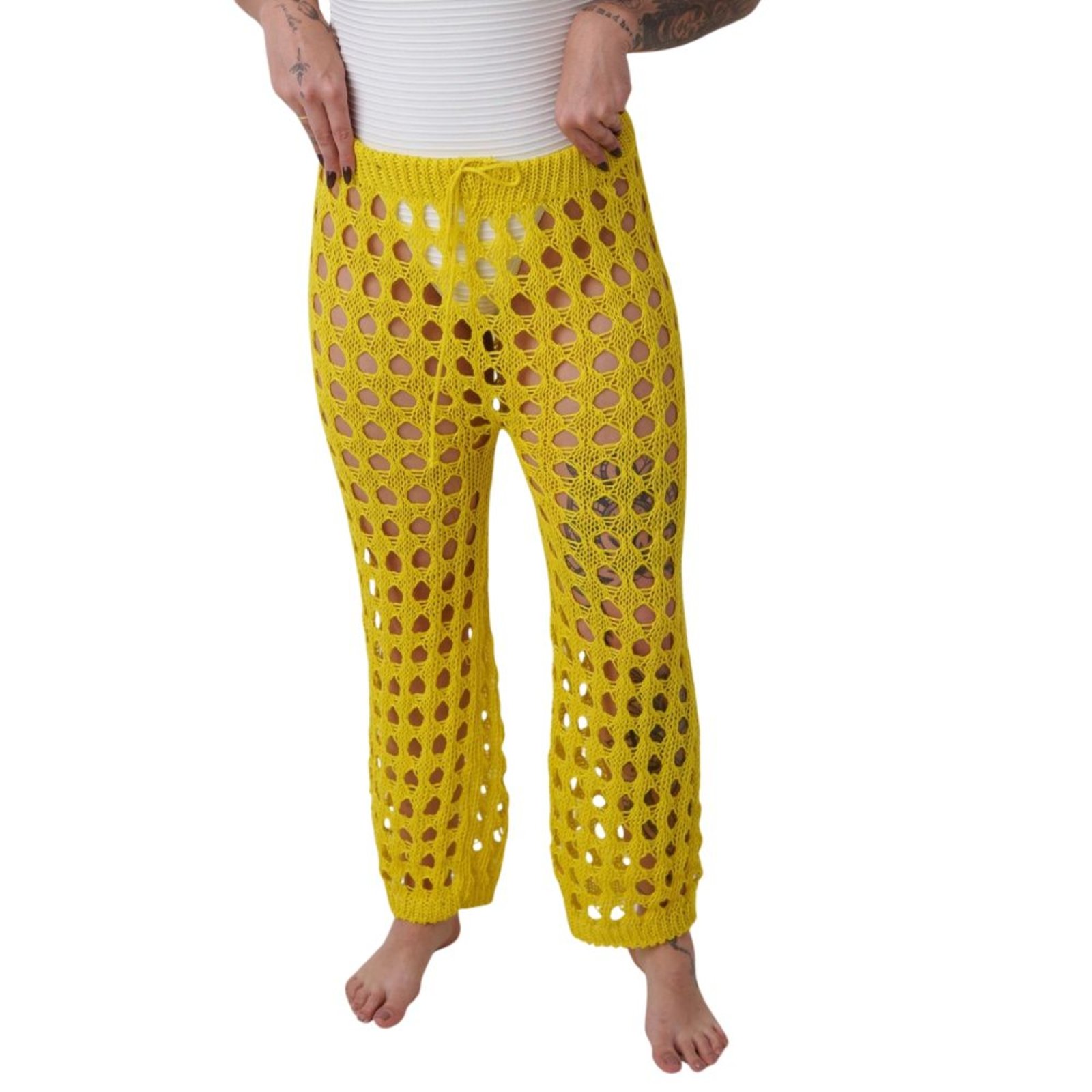 Calça Tricô Saída De Praia Feminina Pantalona Luxo Tendencia Amarelo