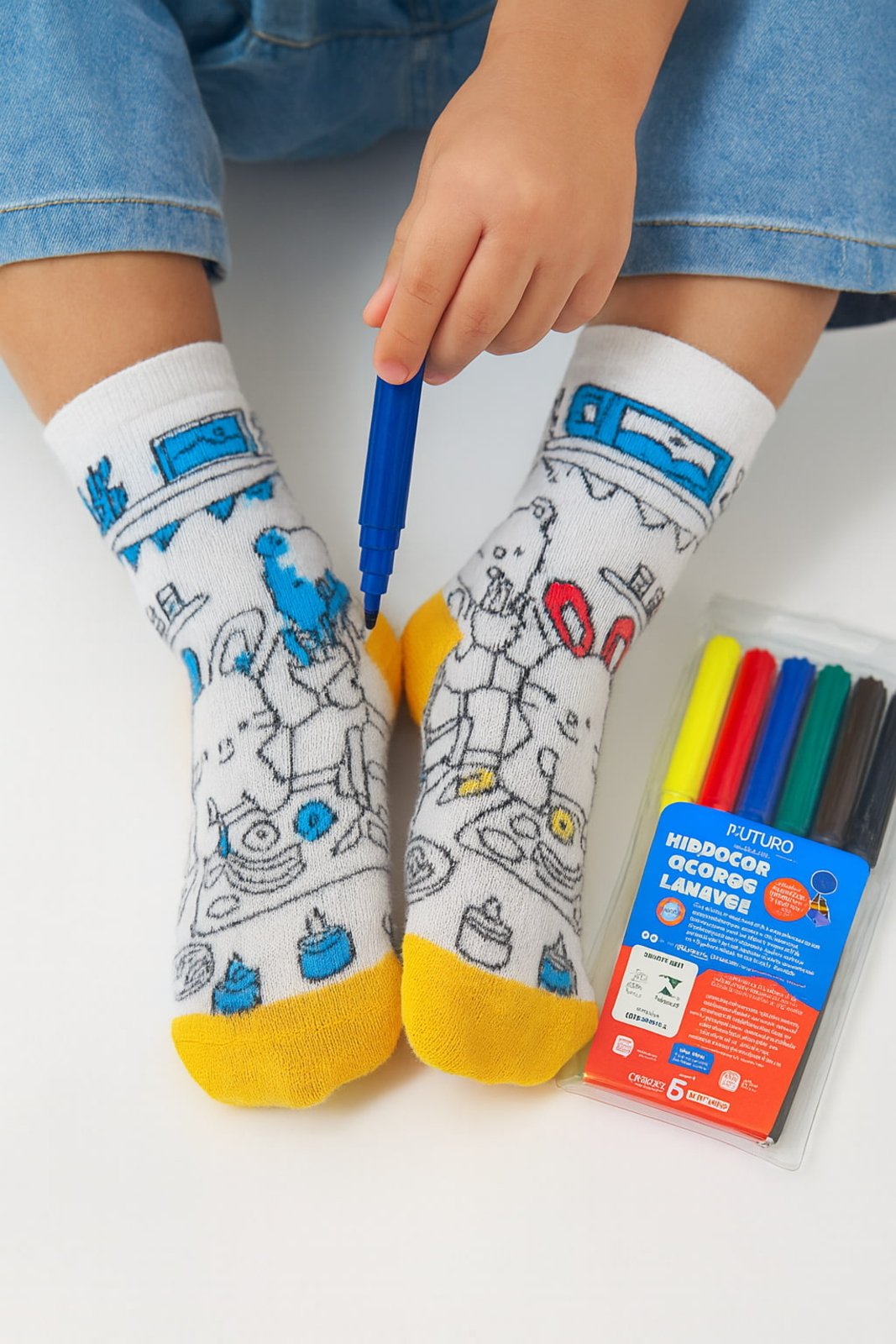 Vista 2 Meia Duck Goods Personalizável Com Canetinhas Para Colorir Coelho Angipé amarelo