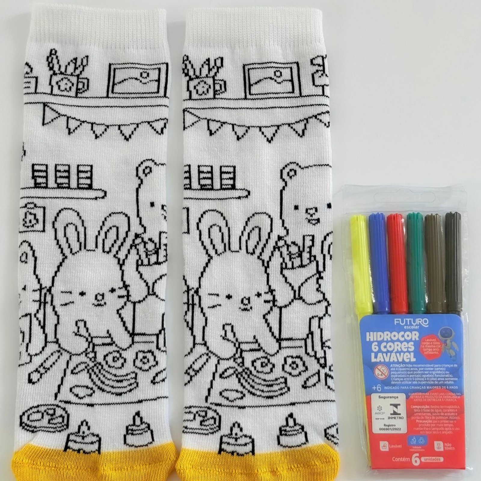 Vista 3 Meia Duck Goods Personalizável Com Canetinhas Para Colorir Coelho Angipé amarelo