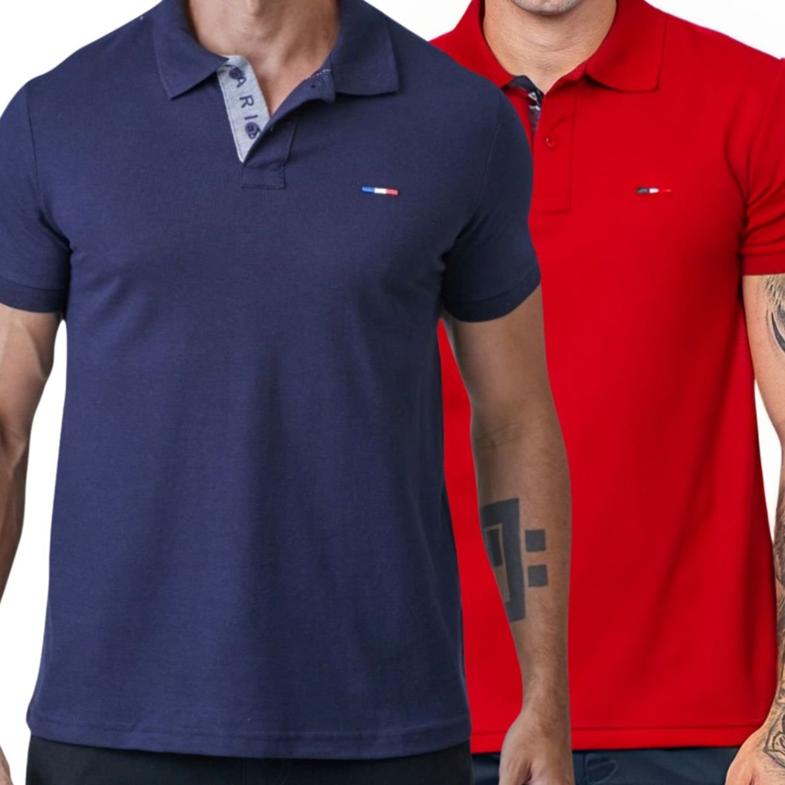 Kit 2 Polos Masculina Básicas Marinho e Vermelho Bordado França Azul Marinho