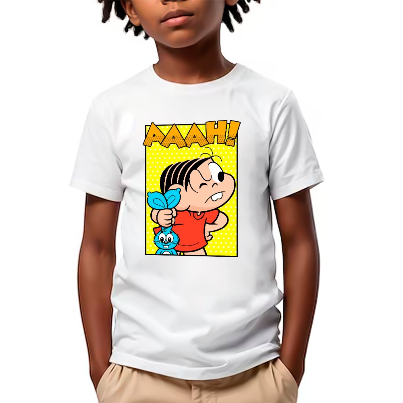 Infantil - Camiseta Mônica Clássica Estampa Quadrinho Colorido Unissex Branco