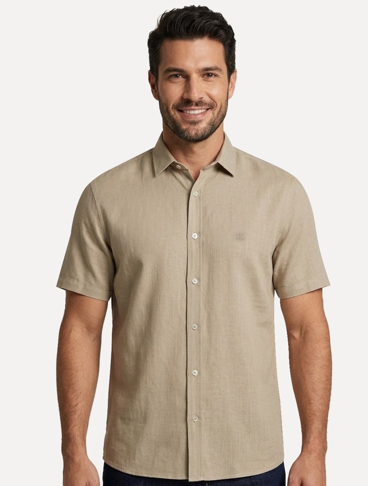 Camisa John John Masculina Relaxed Manga Curta Cotton Cáqui Claro