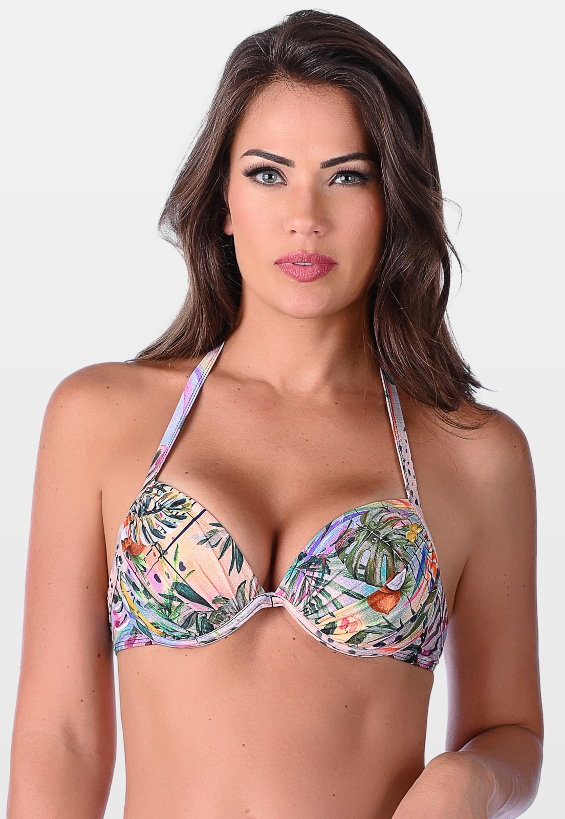 Vista 2 Top Summer Soul Franzido Com Bojo Meia Taça e Aro Com Amarração Tropical nude nude