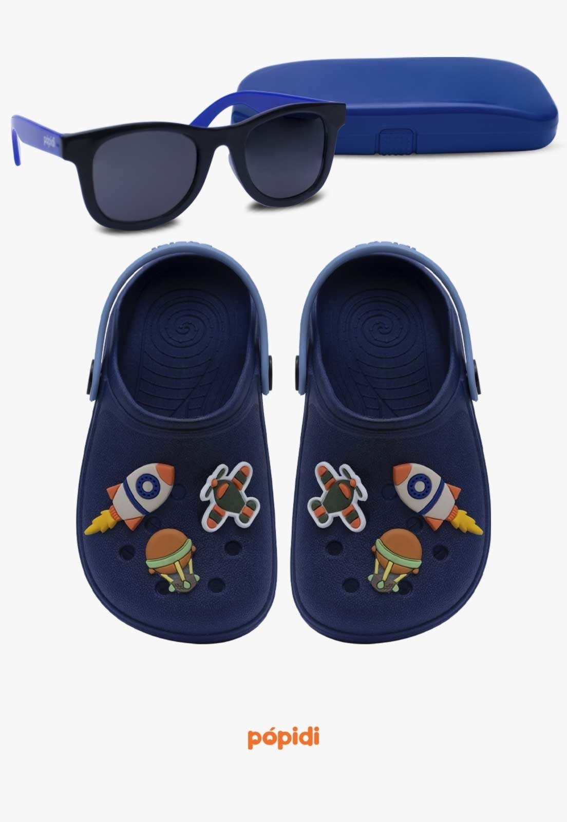 Infantil – Kit Babuche Aereo Azul Marinho com Óculos de Sol Azul Com Capinha