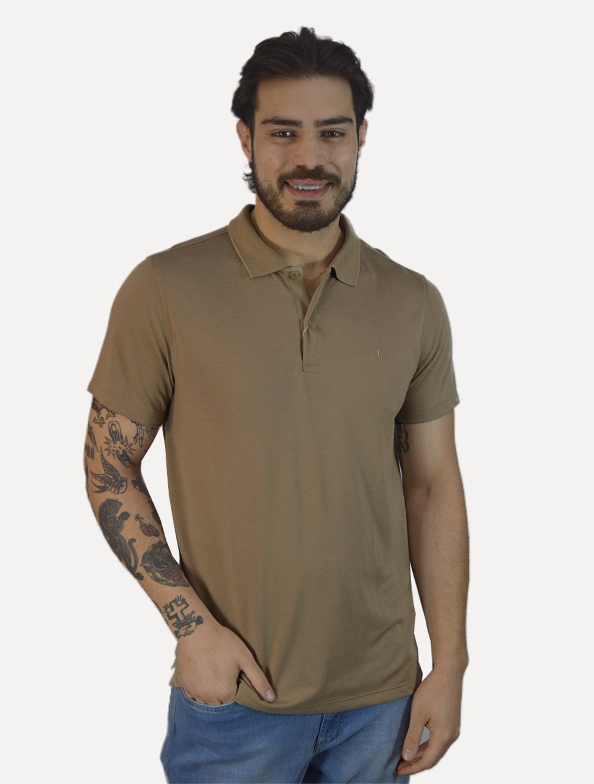 Polo Dudalina Masculina Malha Gola Friso Binada Cáqui