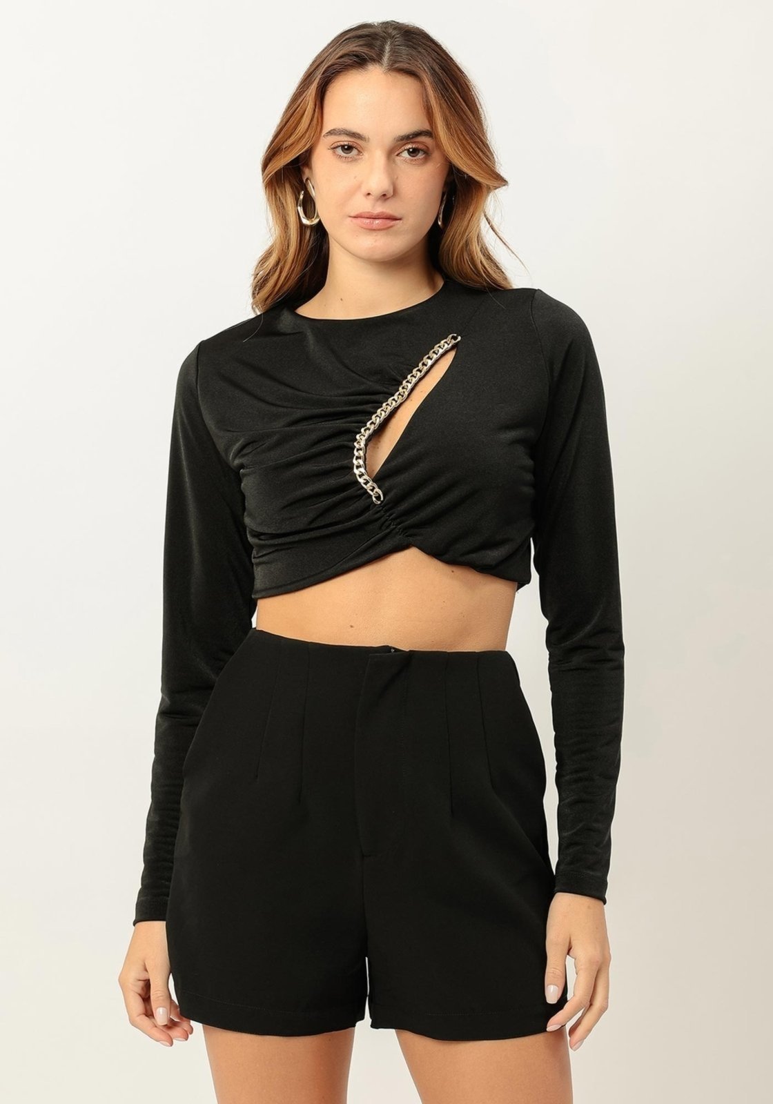 Blusa Manga Longa Cropped com Corrente