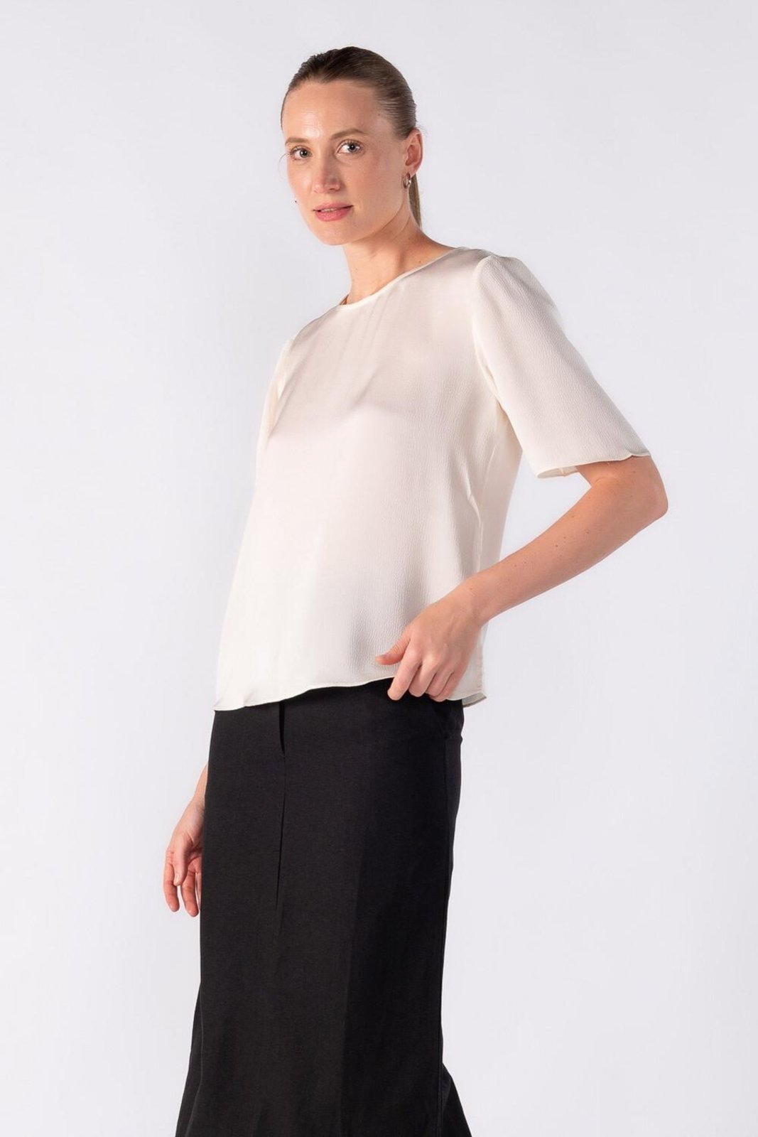 Blusa bata em crepe actinado meia manga Branco