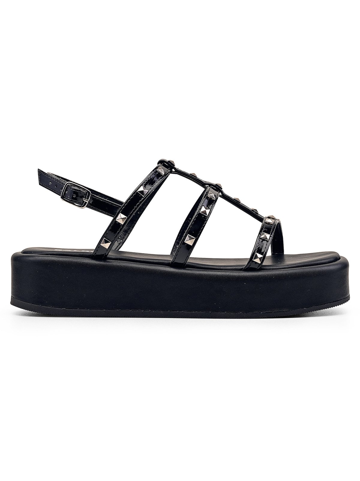 Sandália Papete Preto Verniz Spike Prata Salook