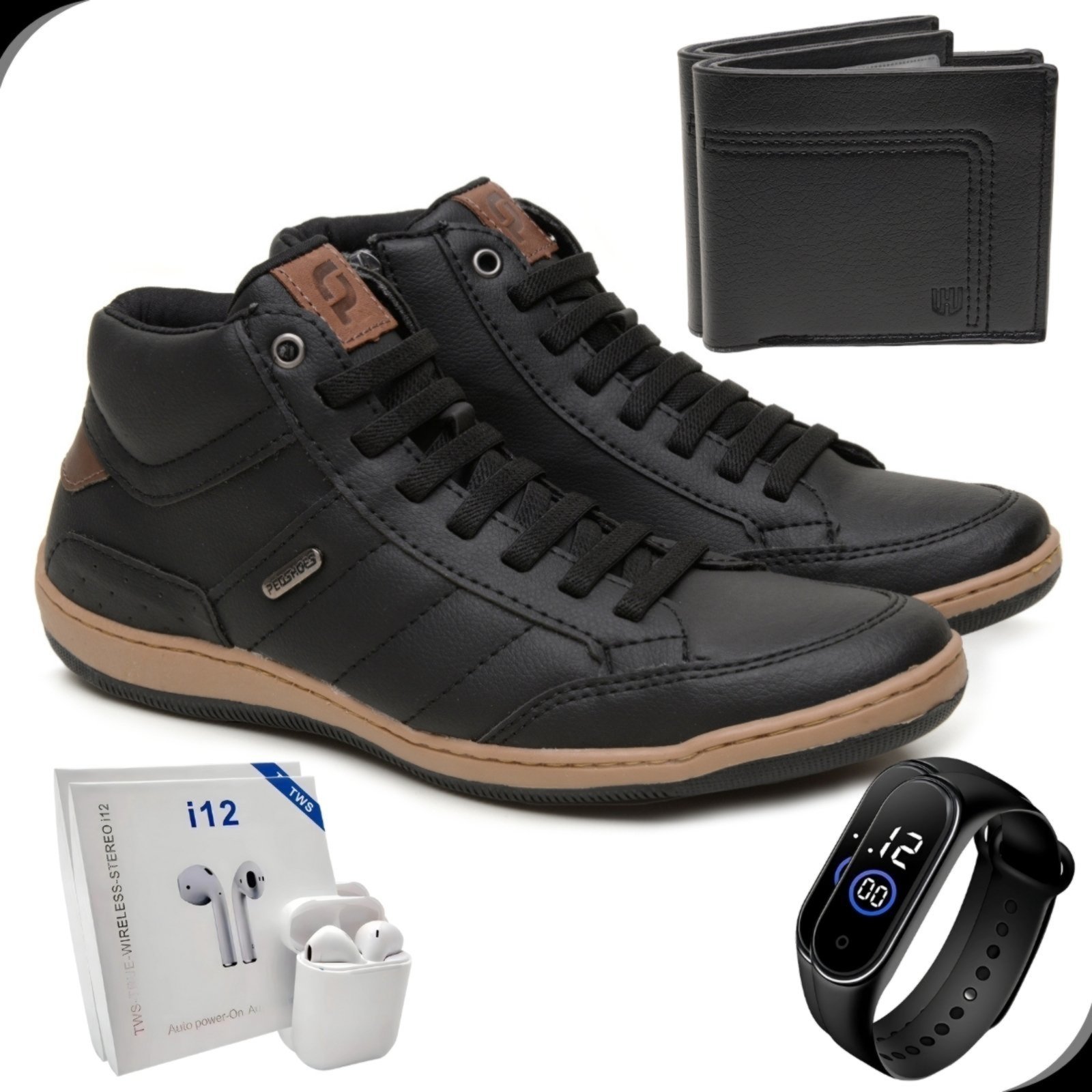 Sapatenis Masculino Cano Médio Casual Solado Leve Rovetto Kit Com Carteira Slim Relógio Digital e Fone Sem Fio