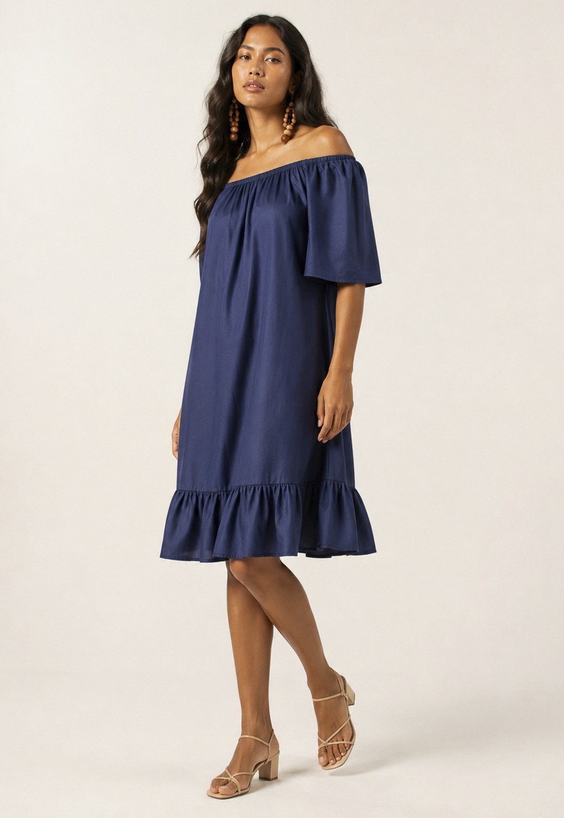 Vestido Curto Amazonia Vital Viscose Mullet Ombro a Ombro Amplo Azul Marinho
