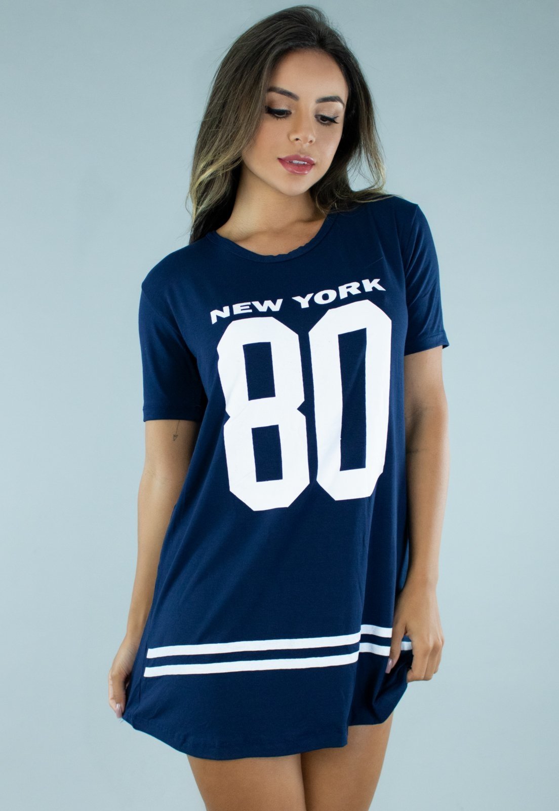 Camisa Bravaa Store Longline Vestido Camisão Feminino Ny Kings Swag 099 Azul Marinho