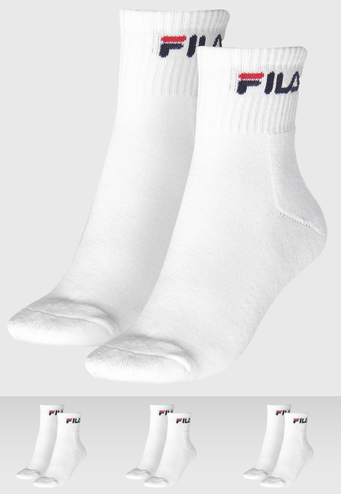 Vista 2 Kit 3pçs Meia Fila Cano Médio Logo branco Fila branco
