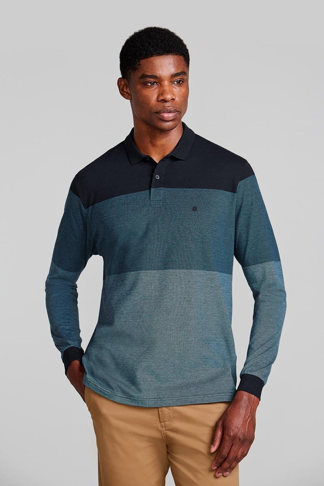 HIGHSTIL Camisa Polo Manga Longa Piquet Comfort - Preto / Verde Azul Marinho