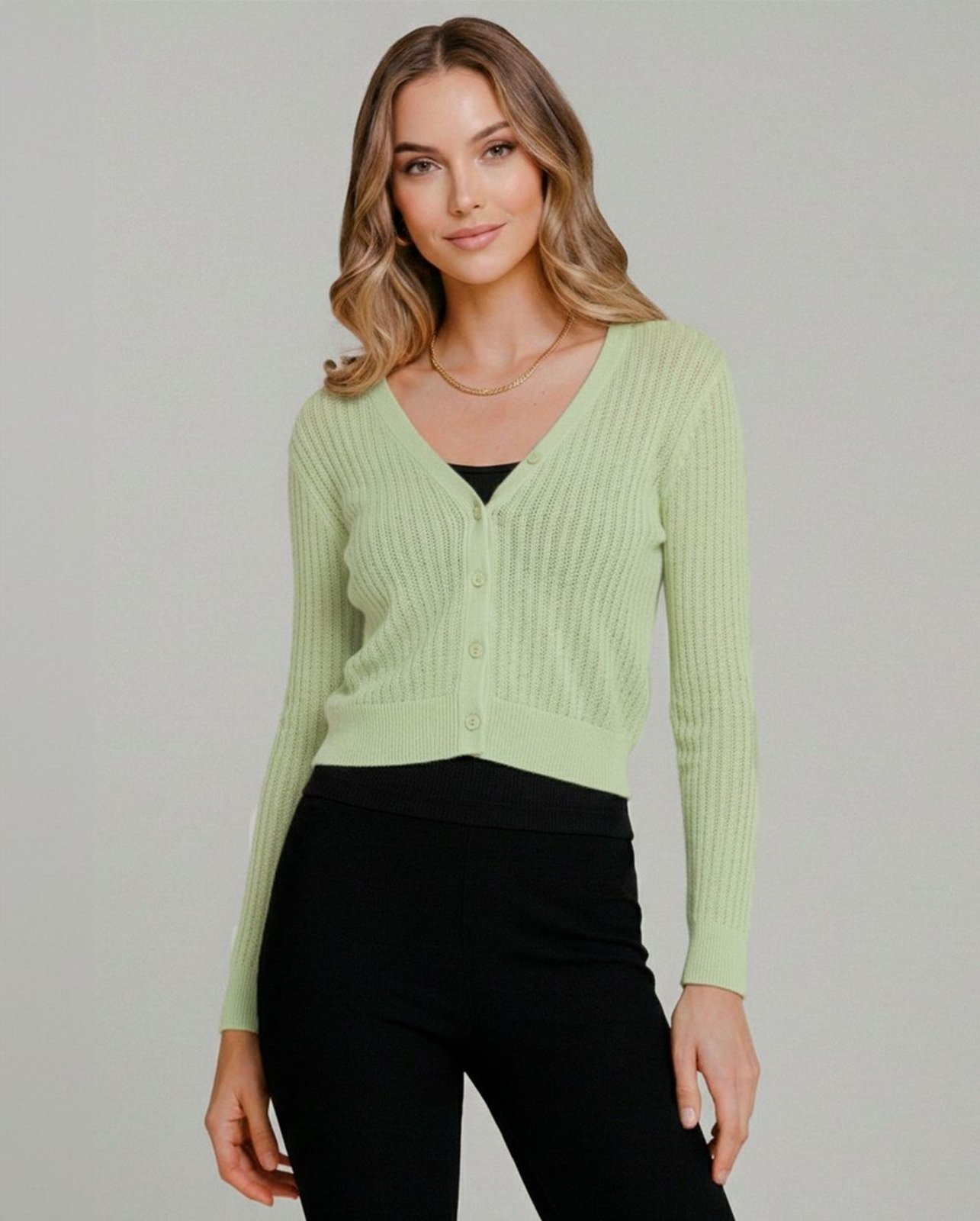 Cardigan Feminino Efeito Tricô com Botões 99233 Verde Menta 206oz