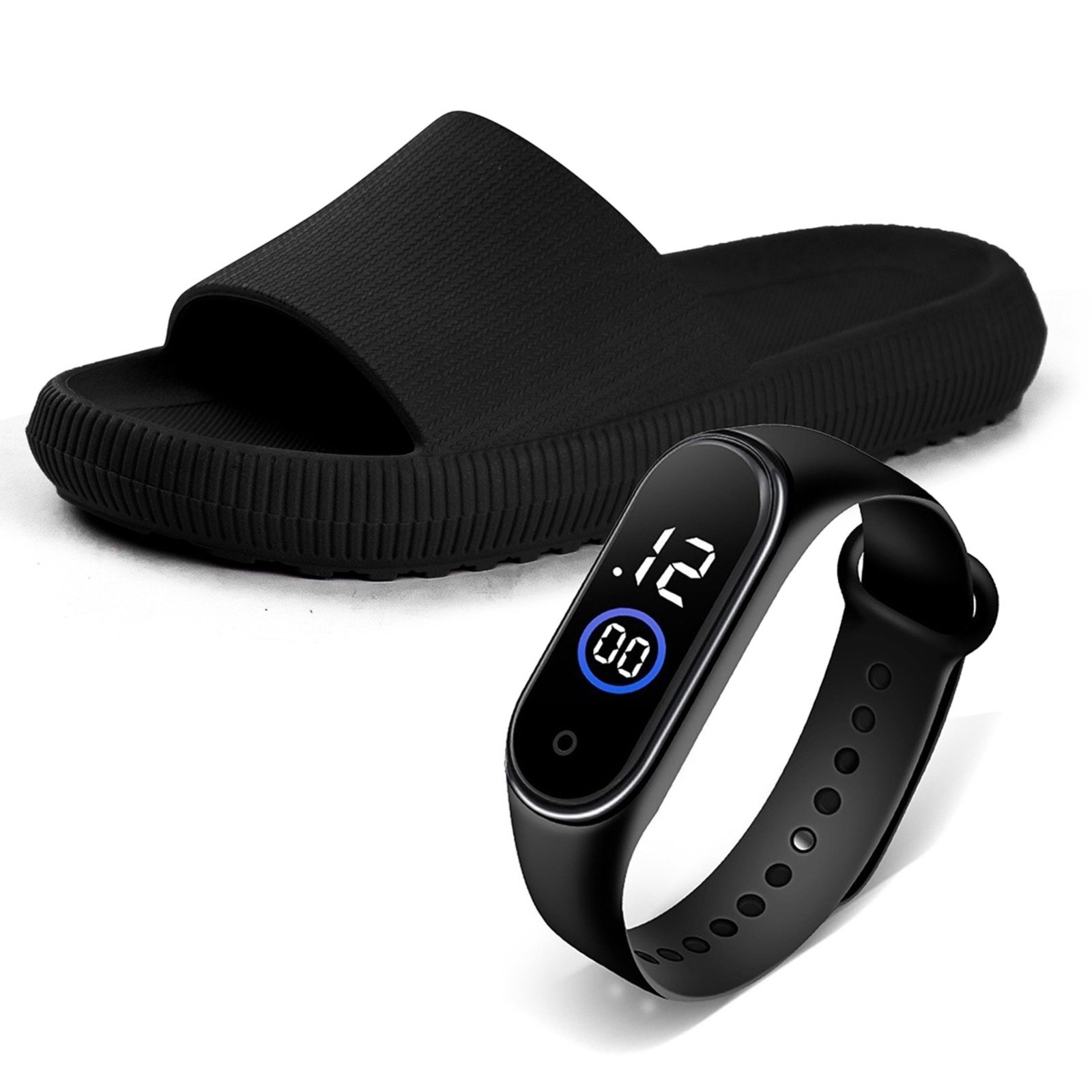 Chinelo Feminino Nuvem Slide Com Relógio Confortável Anatômico Macio Moderno Antiderrapante Preto
