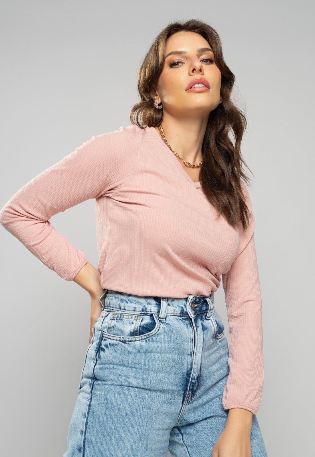 Blusa Salvatore Gola V Manga Longa Canelada Rosa Claro