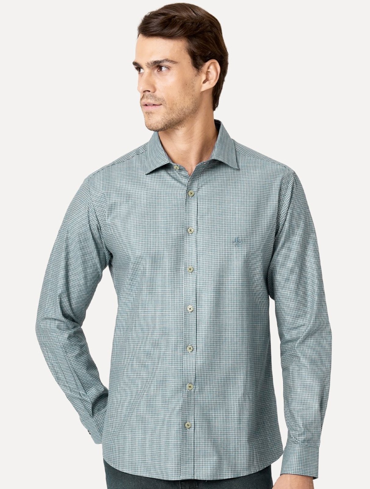 Camisa Dudalina Masculina Superfine Slim Tricoline Quadriculado Mono Logo Verde Turquesa