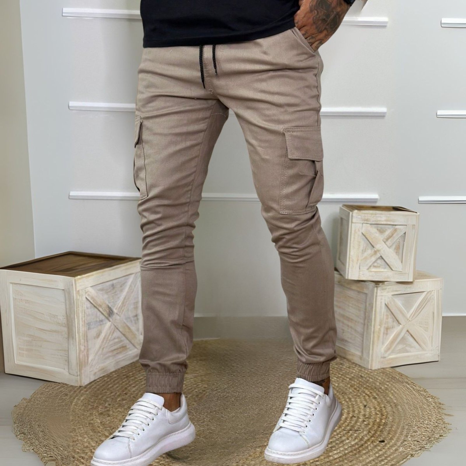 Calça Jogger Cargo Masculina Caqui Linha Premium 100% Algodão