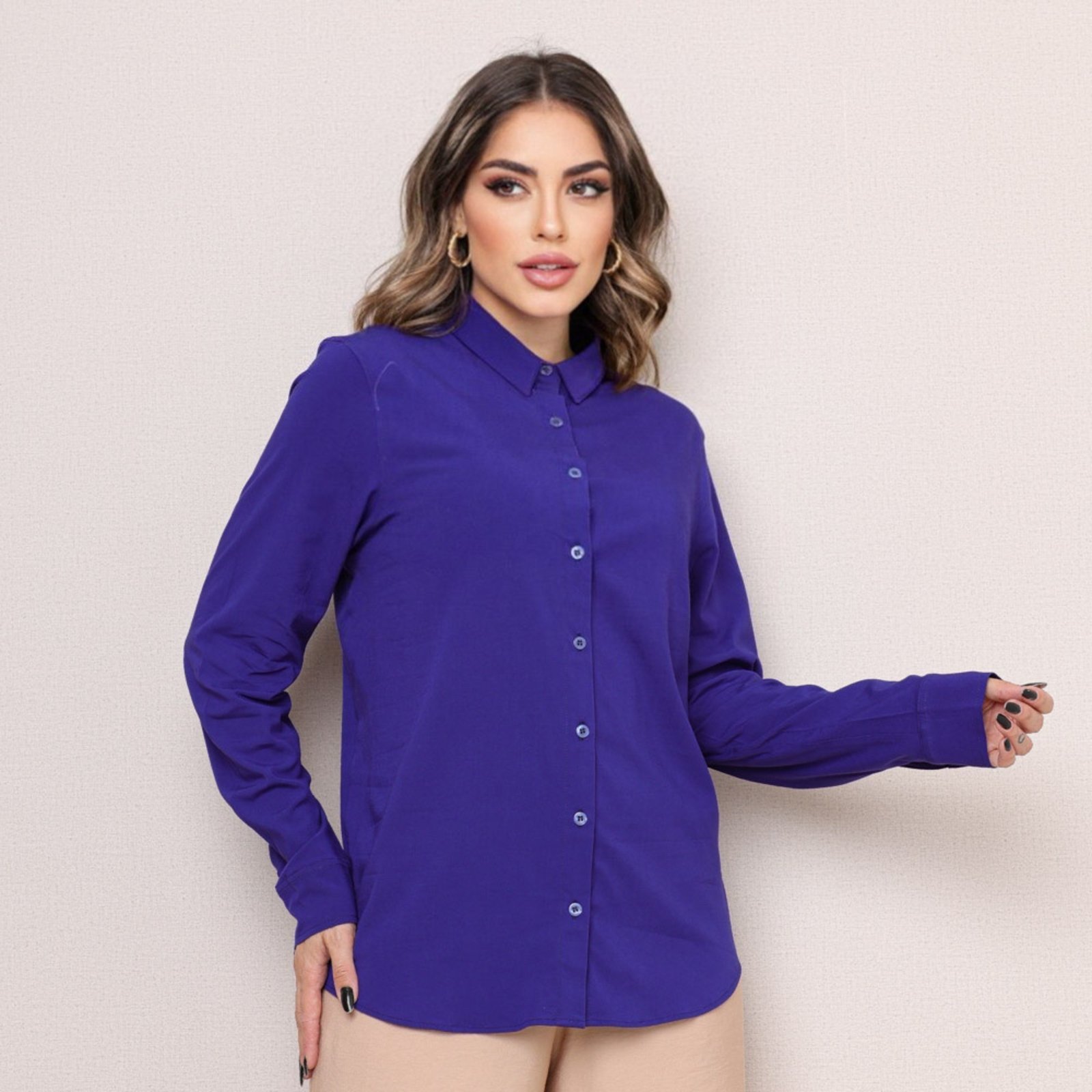 Camisa Social Manga Longa Viscose Azul