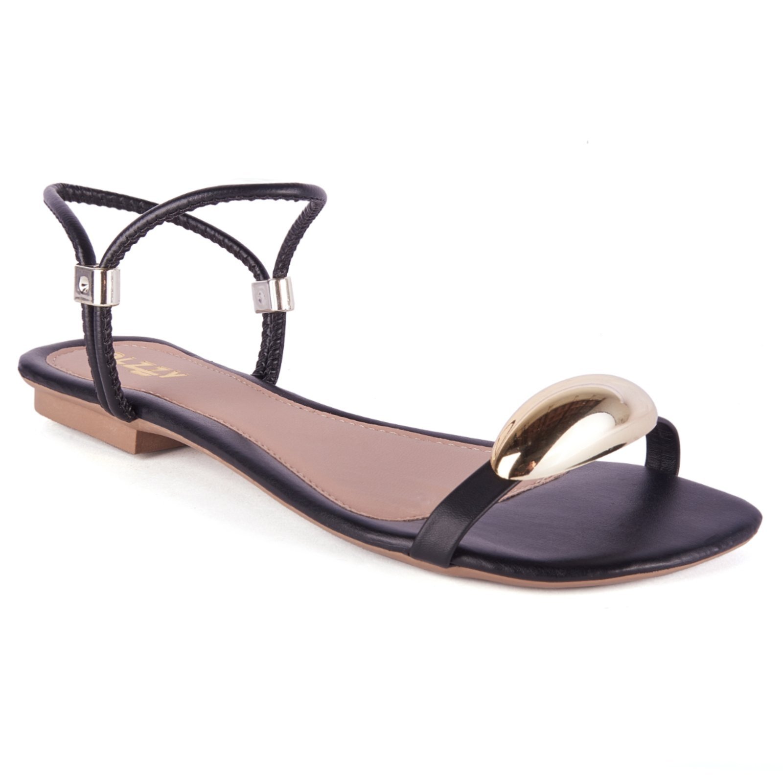 Sandália Rasteira Feminina Delicada Brilho Metal Lesma Tiras Finas Olzzy Casual Rasteirinha Preto