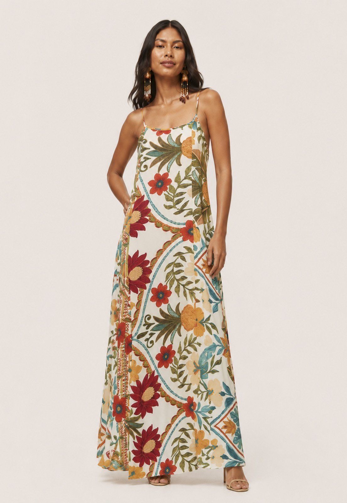 Vestido Amazonia Vital Longo Anambé Viscose com Bolsos Estampa Jardim Solar