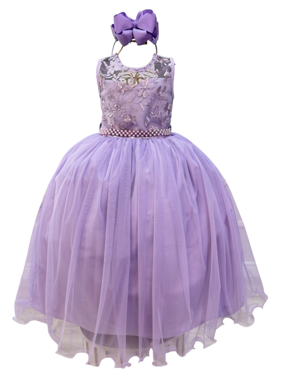 Infantil - Vestido Longo Renda Social Lilás Lavanda Formatura Luxo Festa Casamento Pérolas Laço Dama Daminha Menina Juvenil Juvenil Princesa Rodado Florista Aniversário