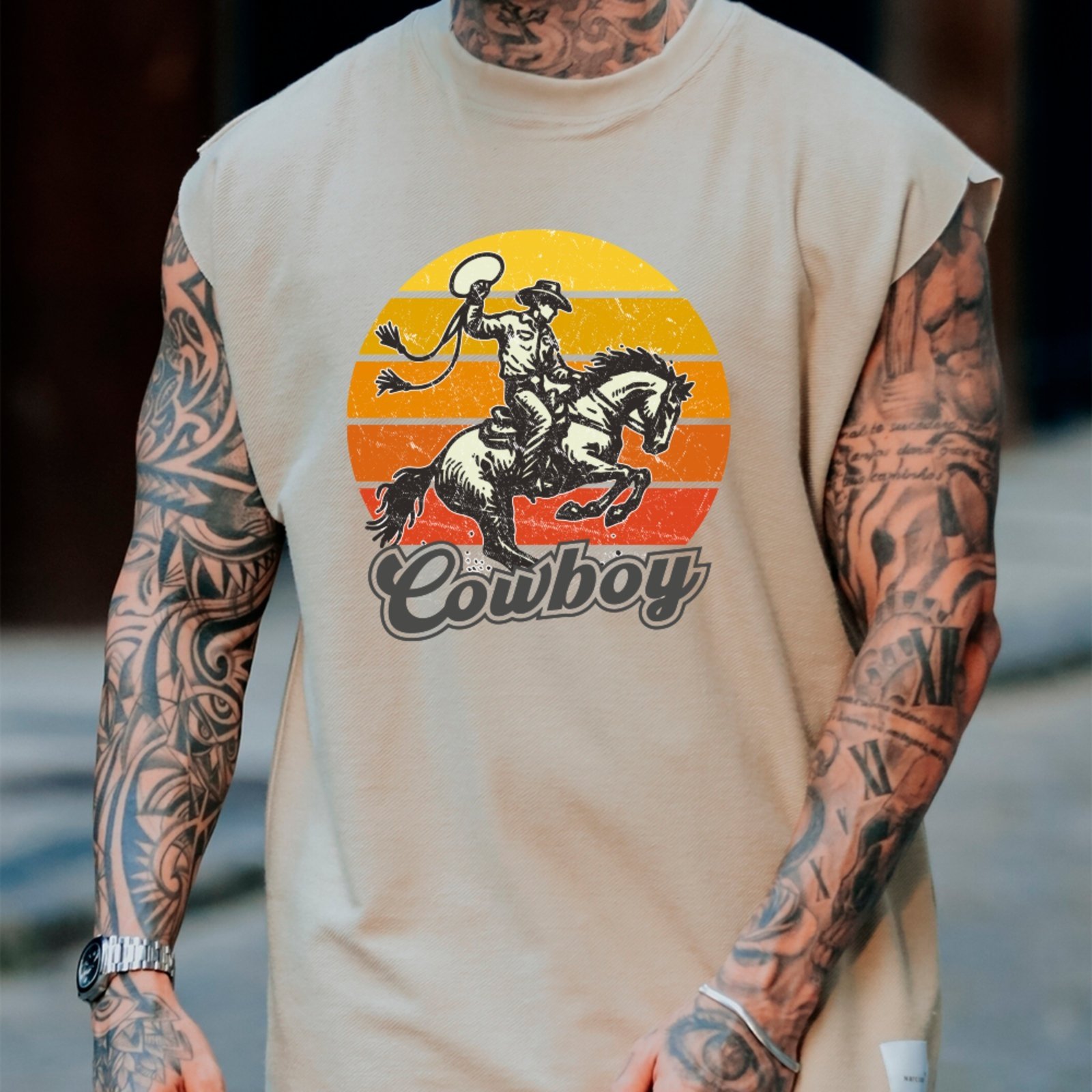 Camiseta Regata Machão Country Cowboy Sunset Estilo Autêntico Western Masculina Off White