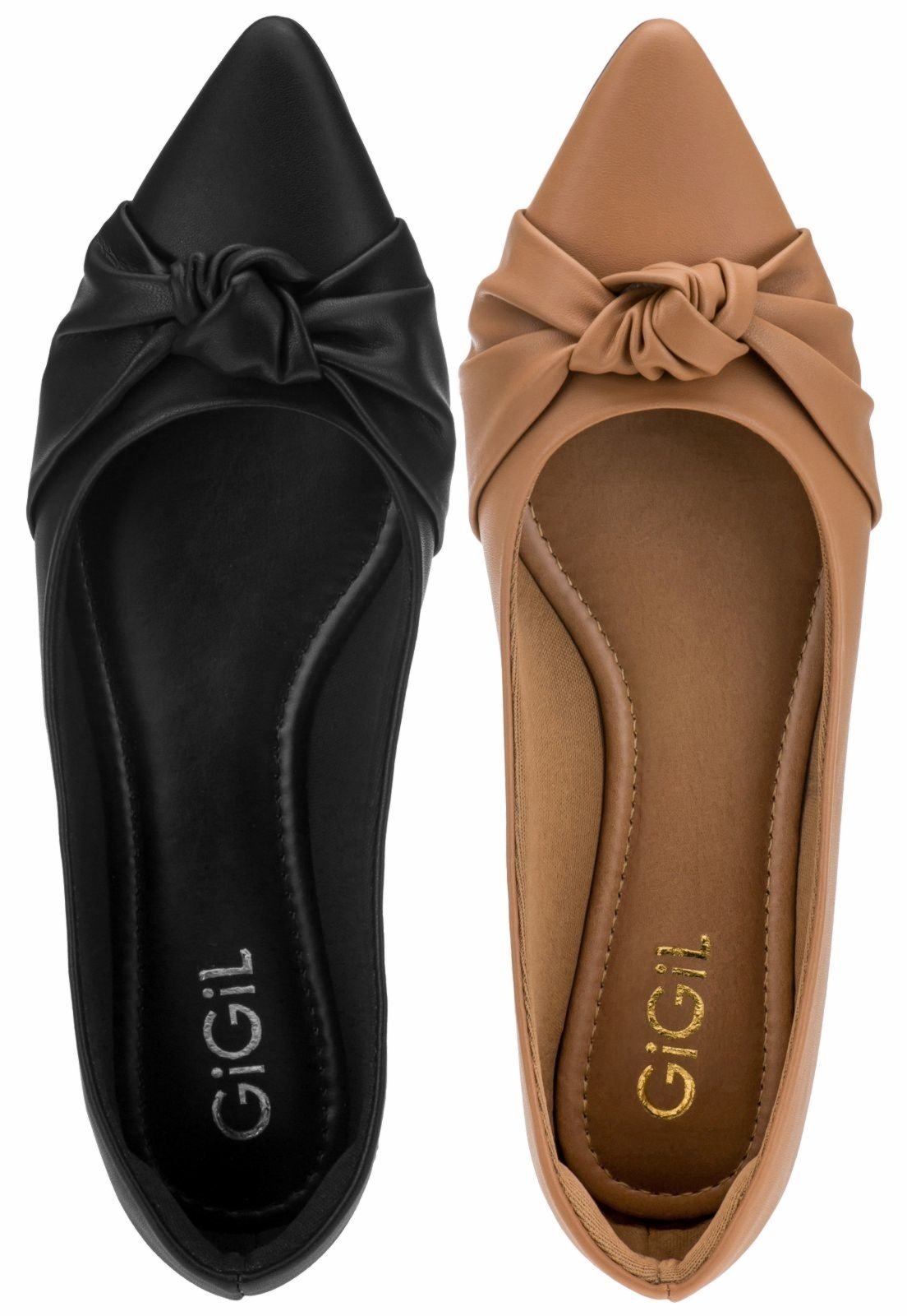 Kit 2 Pares Sapatilha Bico Fino Gigil Com Nó Nude/Preto