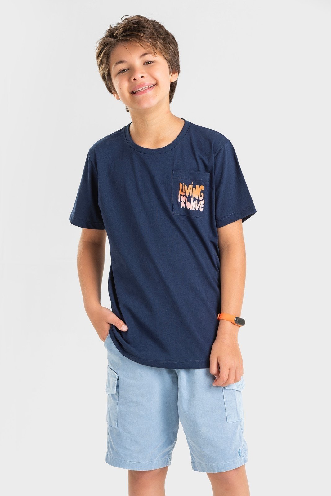 Infantil - Camiseta Meia Malha Juvenil Masculina com Bolso Wave