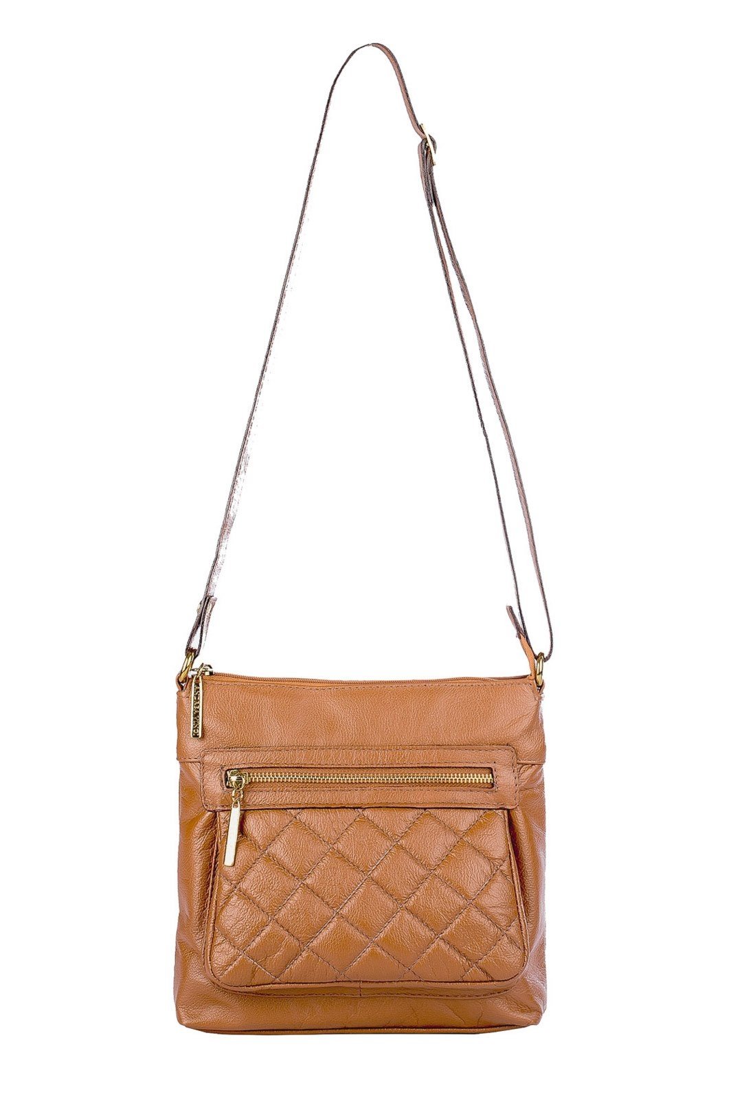 Bolsa transversal matelassê de couro liso Bia - Caramelo