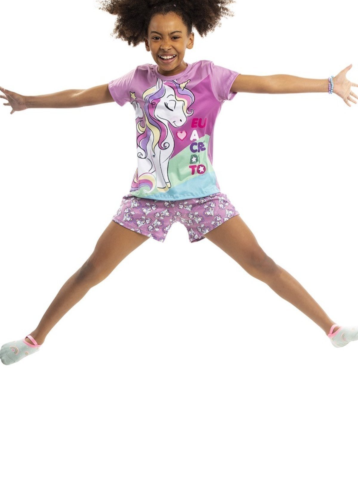 Pijama de Verão Menina Peach Touch Magicamente Acredito em Unicórnios