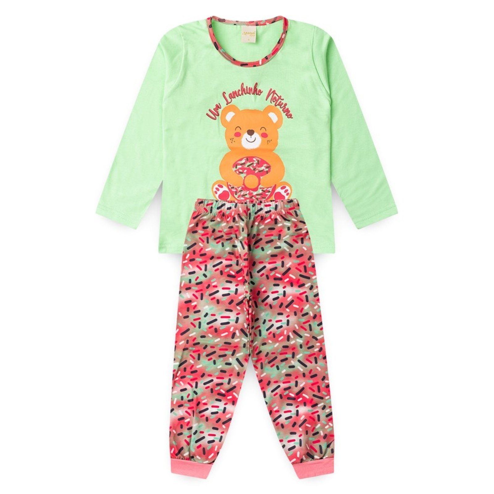 Pijama Longo Menina Verde Ursinho com Donut