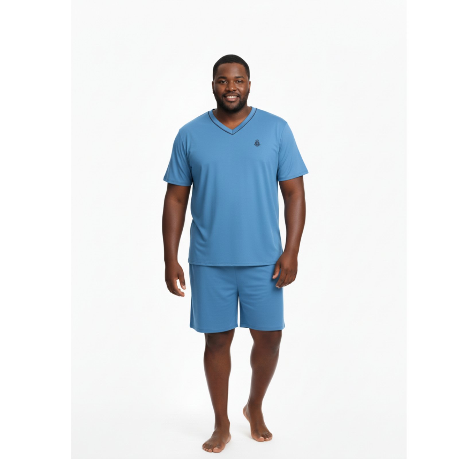 Pijama Masculino Plus Size Adulto Curto Verão Malha Fria Calor Manga Curta G1 G2 G3 G4 48 50 52 54 Conforto Gola V Homen Mechler Azul Claro