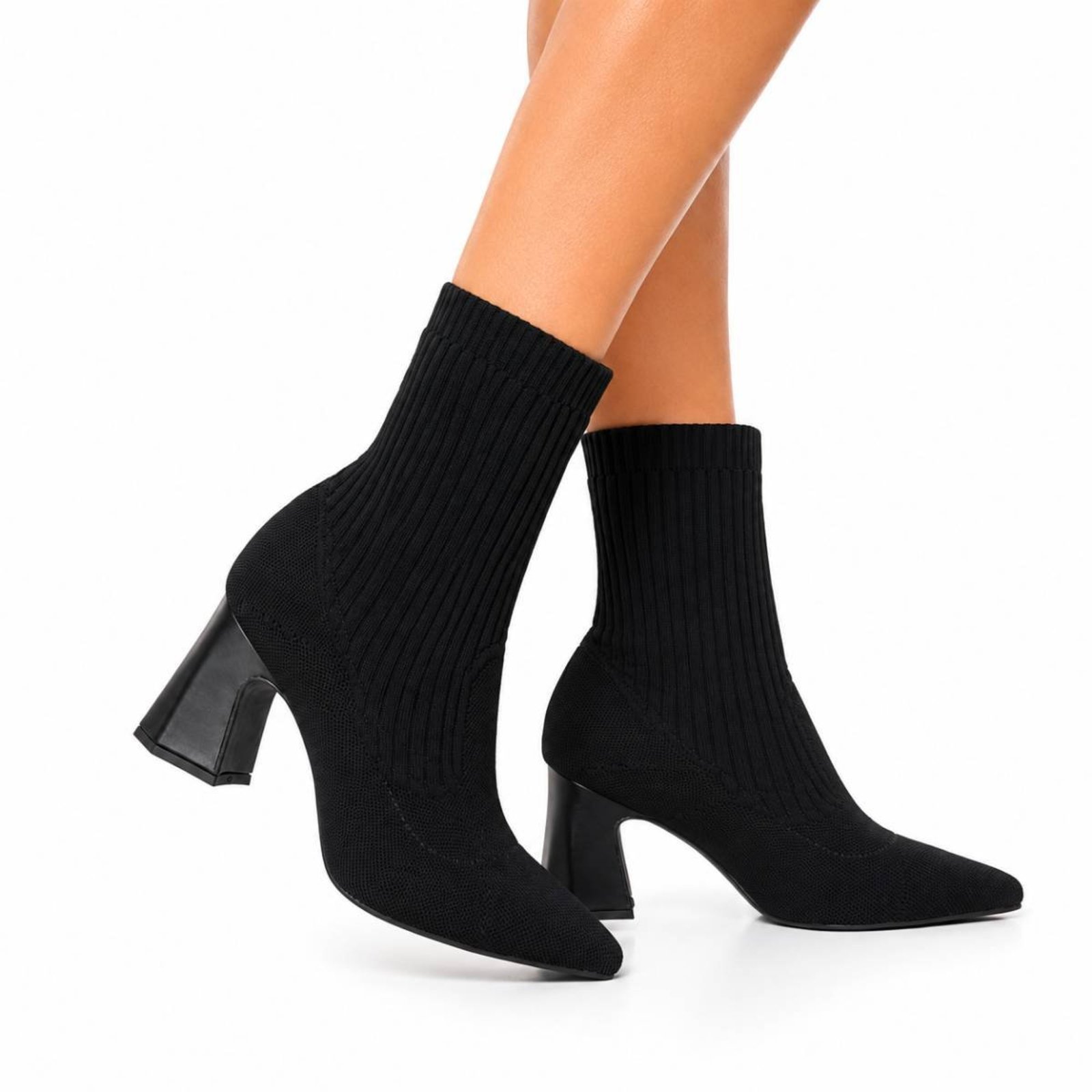 Bota Meia Feminina Sete Sales Cano Curto Salto Grosso Estilosa Inverno Preta 184000