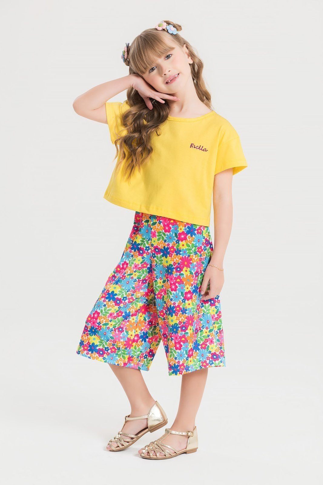 Infantil – Conjunto Verão Feminino Pantalona Faella Florido – Amarelo